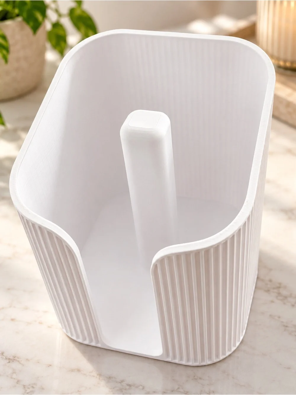White Ribbed Plastic Toilet Paper Organizer with Central Spindle